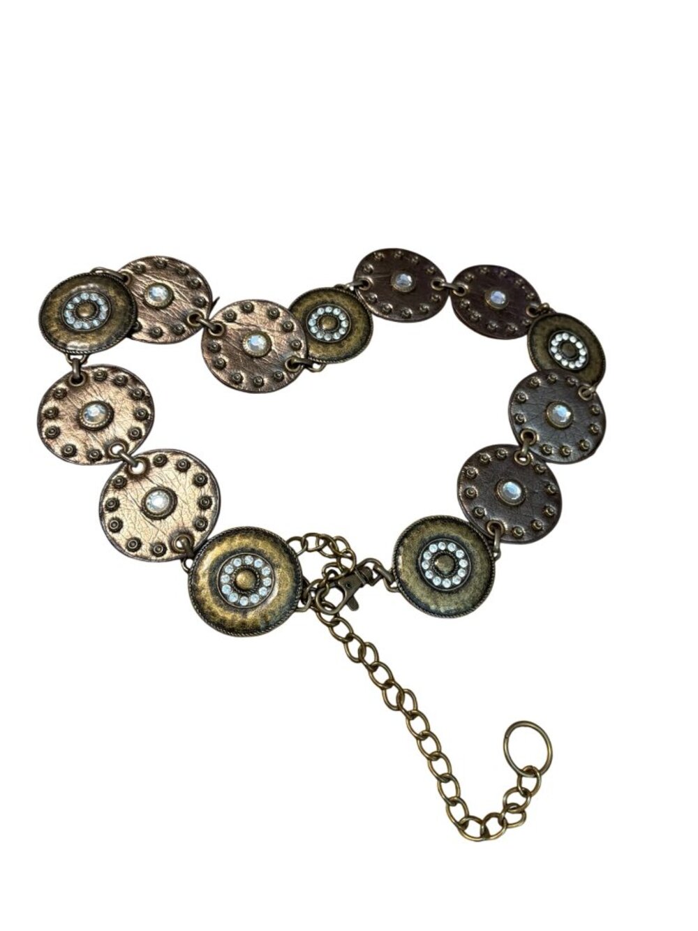 Vtg Navajo Style Metal Leather Disc Belt Rhinestones Chain Western Festival 45"